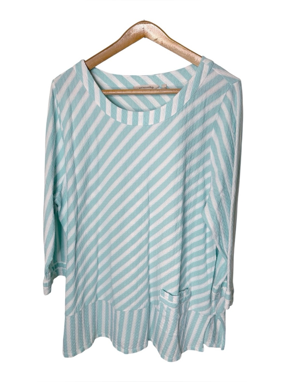 Soft Surroundings Tunic Size 3X Aqua White Stripes Front Pocket Textured Knit
